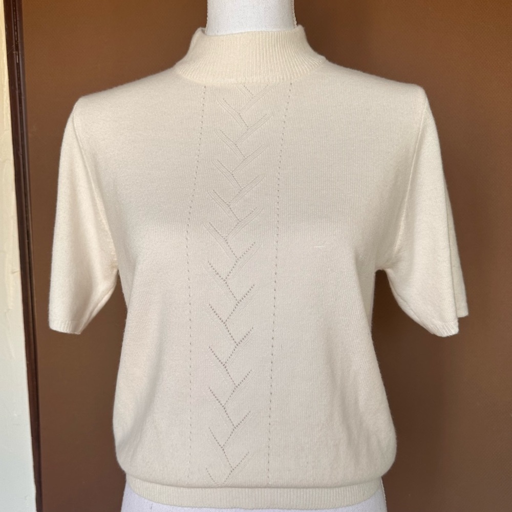 Vtg Cream Short Sleeve Mock-Neck Drop Stitch Cable Knit Sweater Sz S Cottagecore